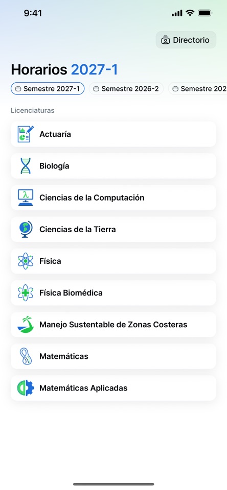 Licenciaturas y semestres disponibles en F. Ciencias App