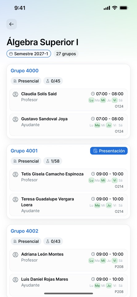 Comparación de grupos y horarios de una materia